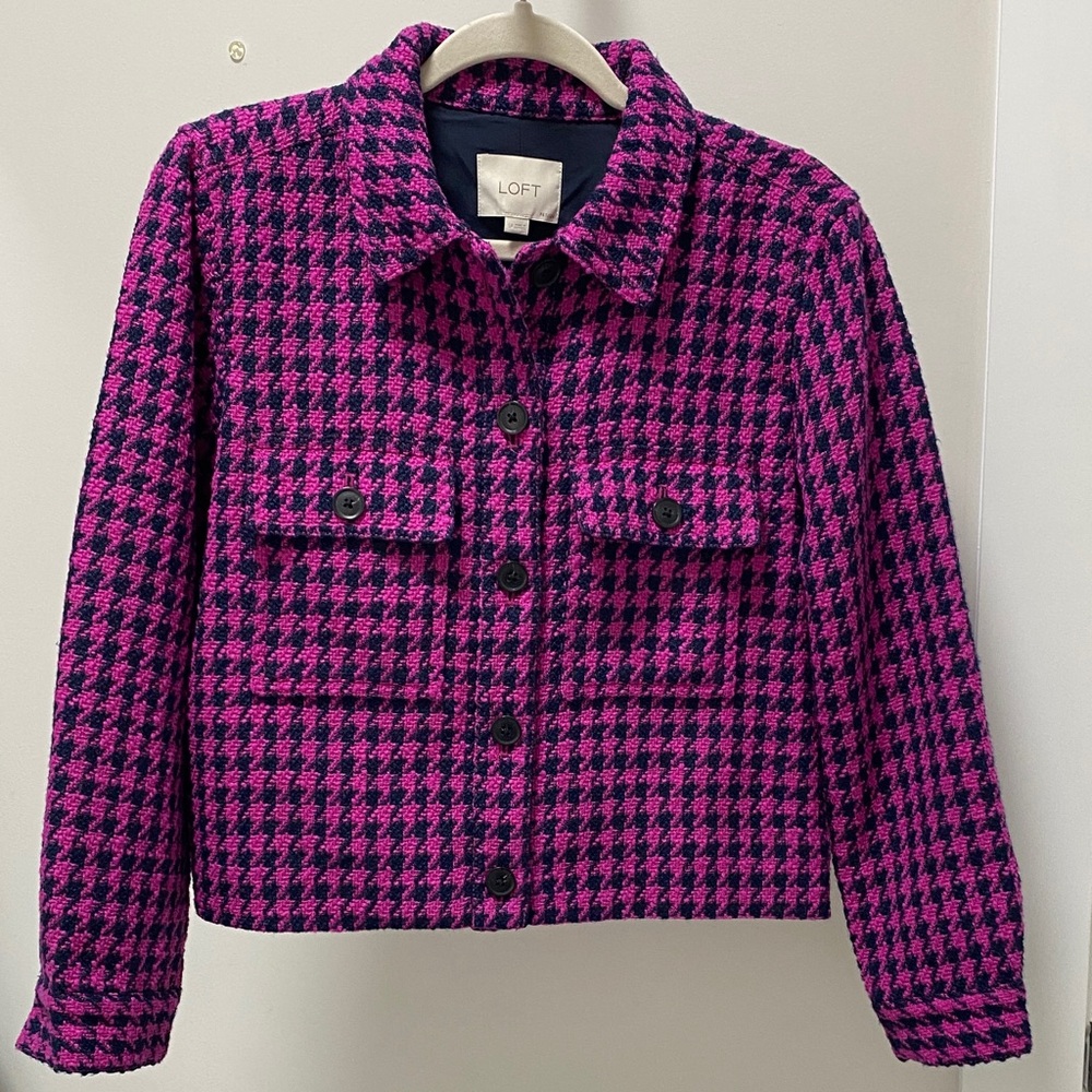 LOFT Fuchsia and Navy Houndstooth Tweed Cropped Jacket